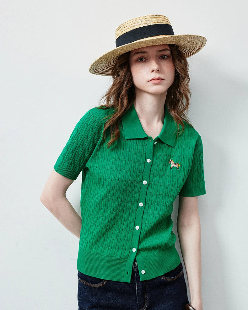 Ice Silk Cable Knit Polo Top