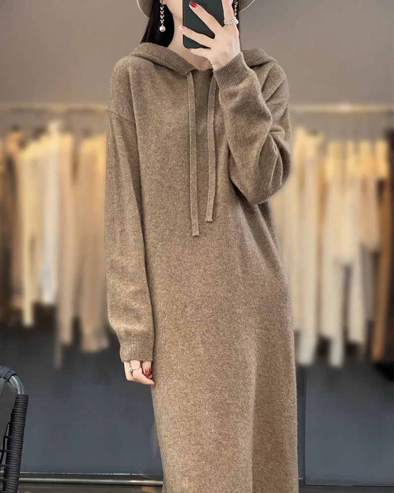 Merino Wool Hooded Midi Knit Dress