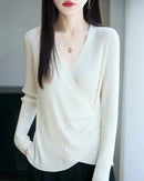 Designers' V-neck Wool Sweater with Asymmetrical Buttons