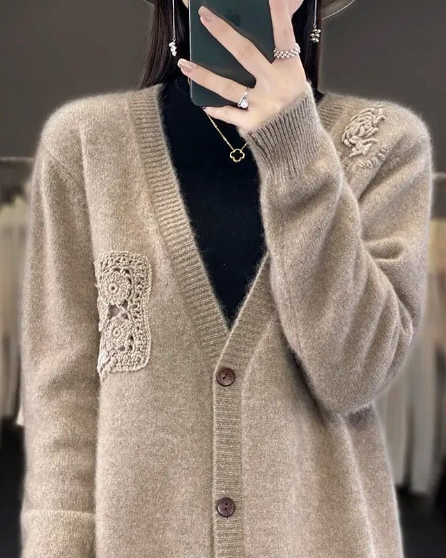 Crochet Merino Wool V-neck Cardigan
