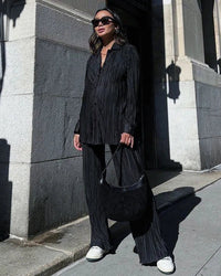Turn-Down Collar Draped Shirt & High Waist Wide-Leg Trouser 2-Piece Set