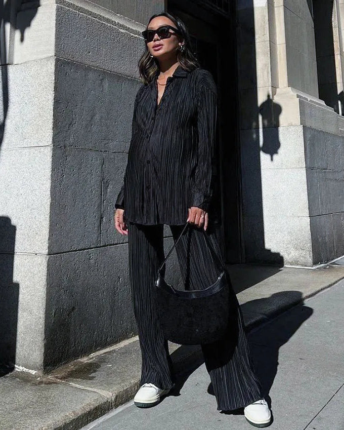 Turn-Down Collar Draped Shirt & High Waist Wide-Leg Trouser 2-Piece Set