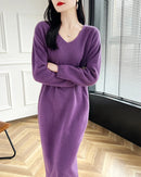 Wool V-Neck Long Sweater Dress