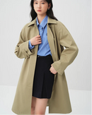 Solid lapel single-breasted pocket A-line mid-length trench coat. Simple, casual, and elegant — a chic office-style spring autumn outerwear for women.