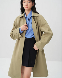 Solid lapel single-breasted pocket A-line mid-length trench coat. Simple, casual, and elegant — a chic office-style spring autumn outerwear for women.