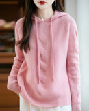 100% merino wool hooded cable pullover sweater. Extra-heavy, slight stretch — a soft, warm, casual autumn winter knitwear top for women.