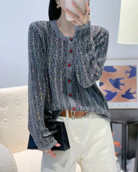 Merino Wool Blend O-Neck Colour Stripe Open Cardigan Sweater