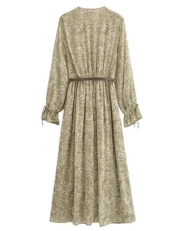 Chiffon Printed V-Neck Fashionable Long Dress