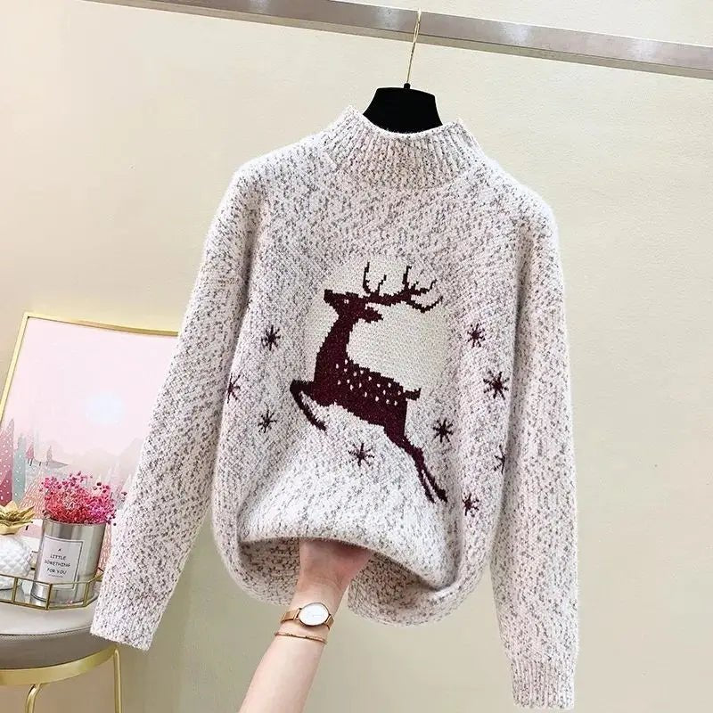 Elk printed Mink Velvet Mock Neck Sweater