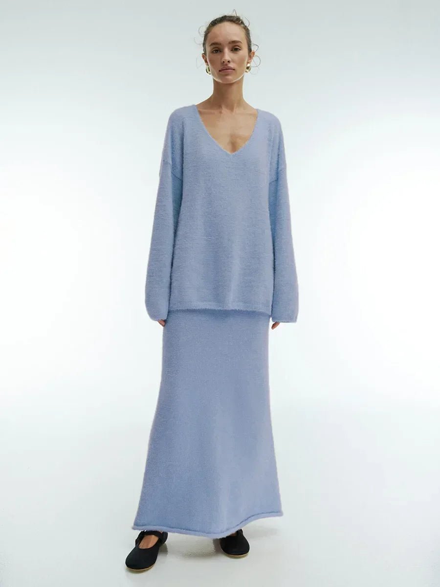Casual V-neck Sweater& Skirt Set