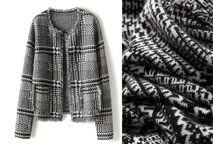 Houndstooth Fringe Cashmere Open Cardigan