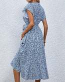 Floral Print V-Neck Lace-Up Flare Sleeve Midi Dress