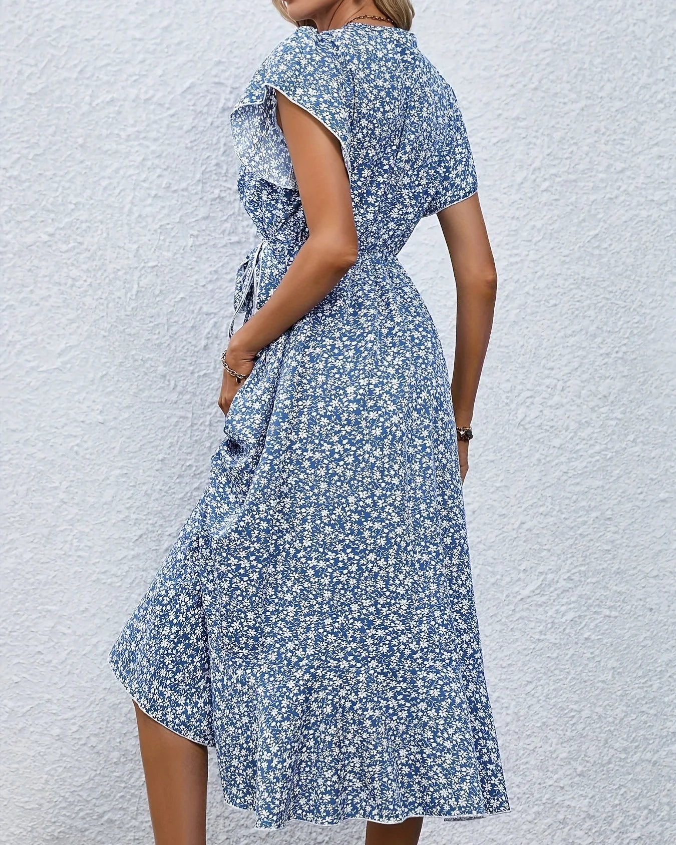 Floral Print V-Neck Lace-Up Flare Sleeve Midi Dress
