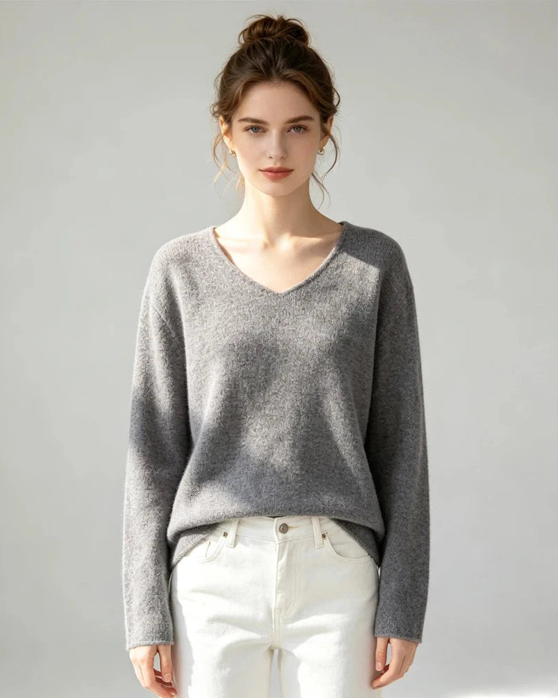 Wool V-Neck Rolled Edge Sweater