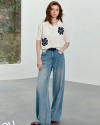 Hollow Floral Knit V-Neck Short-Sleeve Top