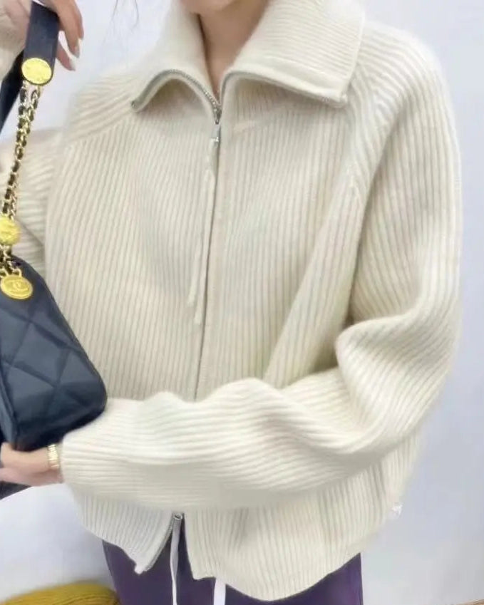 Collared Wool Zip-Up Cardigan Sweater