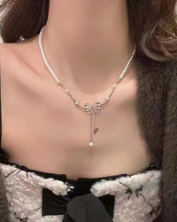Pearl Bow Tassel Clavicle Necklace