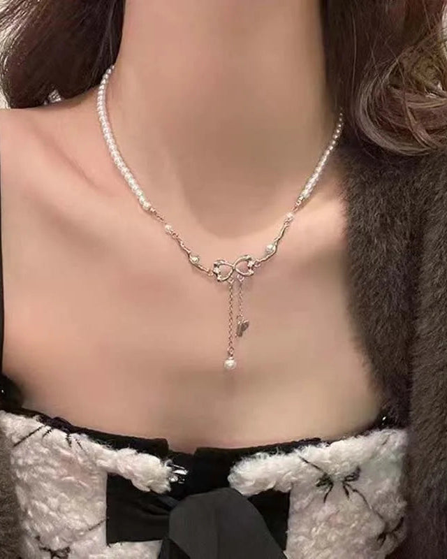 Pearl Bow Tassel Clavicle Necklace