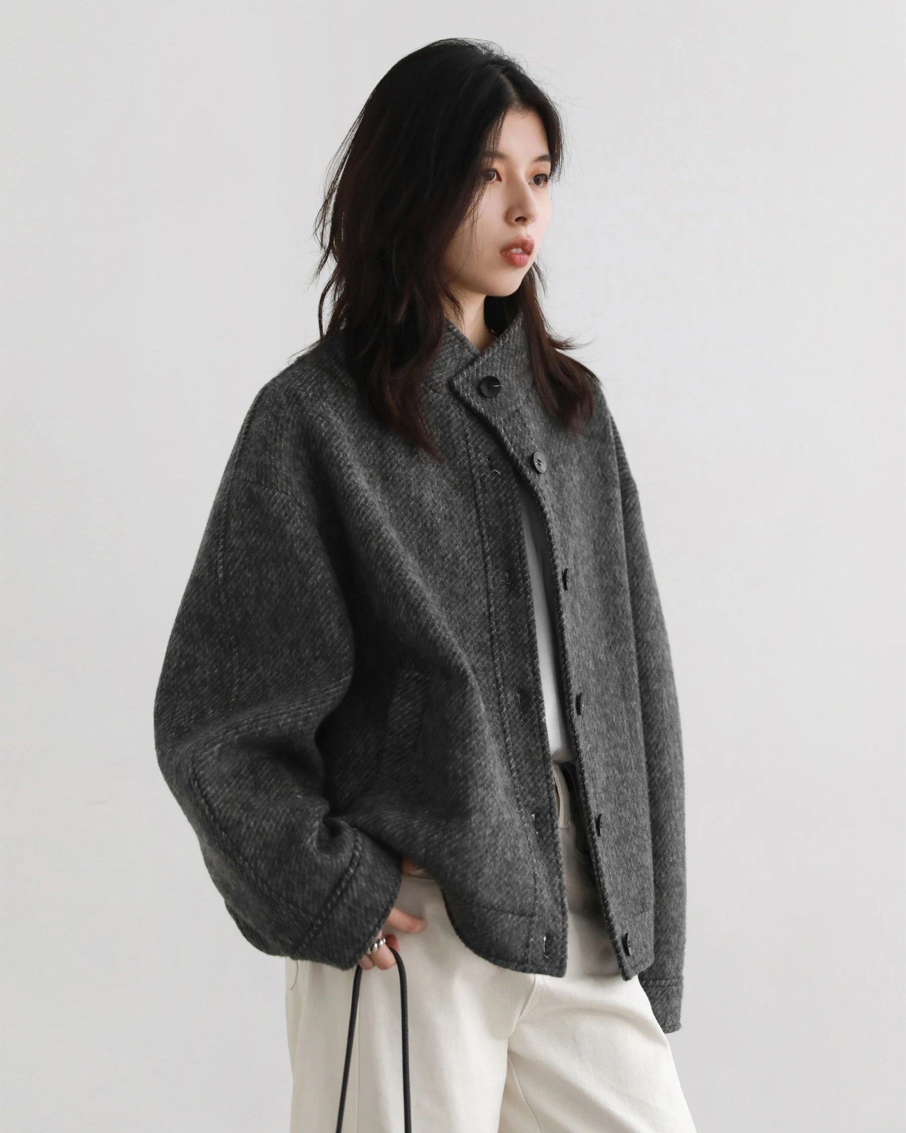 Wool-Blend Stand-Collar Short Coat