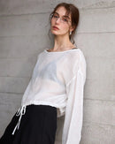 Ramie Crew Neck Long Sleeve Drawstring T-Shirt