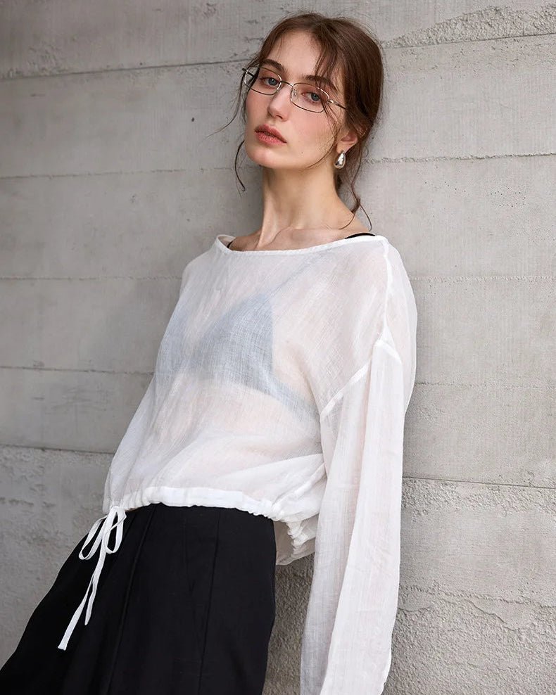 Ramie Crew Neck Long Sleeve Drawstring T-Shirt