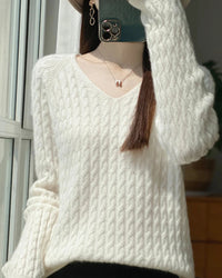 Wool V-Neck Twist Knit Pullover