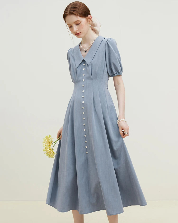 Solid Pleated Polo Neck Puff Sleeve Dress