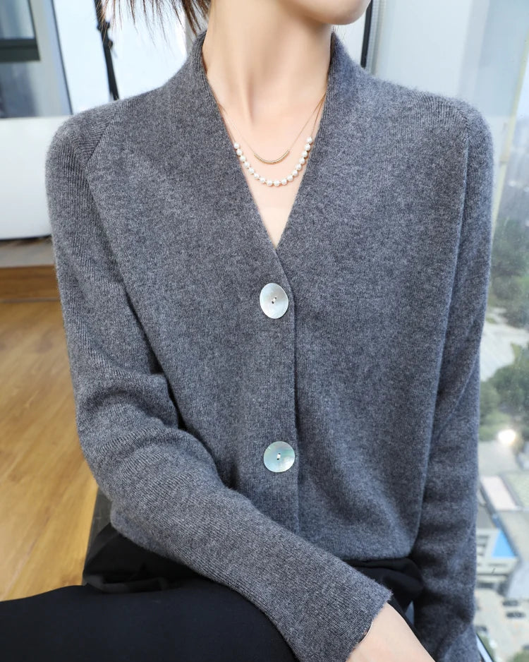 Cashmere Wool Blend Solid V-Neck Button Knit Cardigan