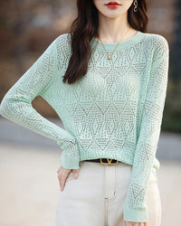 Hollow Knit Cotton Relaxed Pullover Top