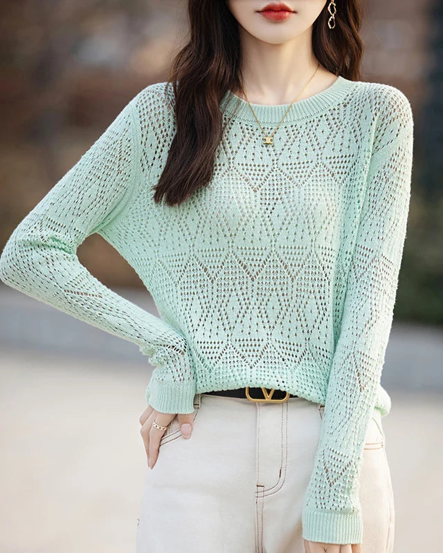 Hollow Knit Cotton Relaxed Pullover Top