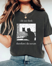Women's fun cat print T-shirt featuring a funny cat quote graphic, breathable cotton blend, and a relaxed unisex fit for grunge, goth, and streetwear styles.