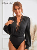 Plunge Neck Black Long Sleeve Bodysuit