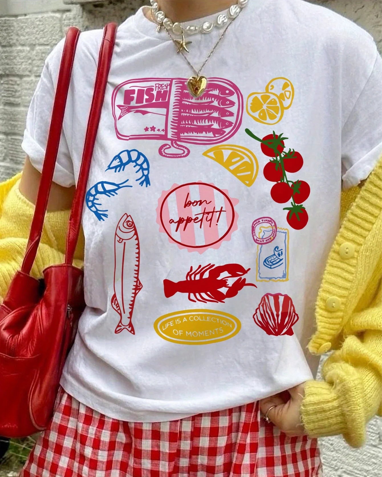 Vintage Seafood Print Knit Cotton Tee