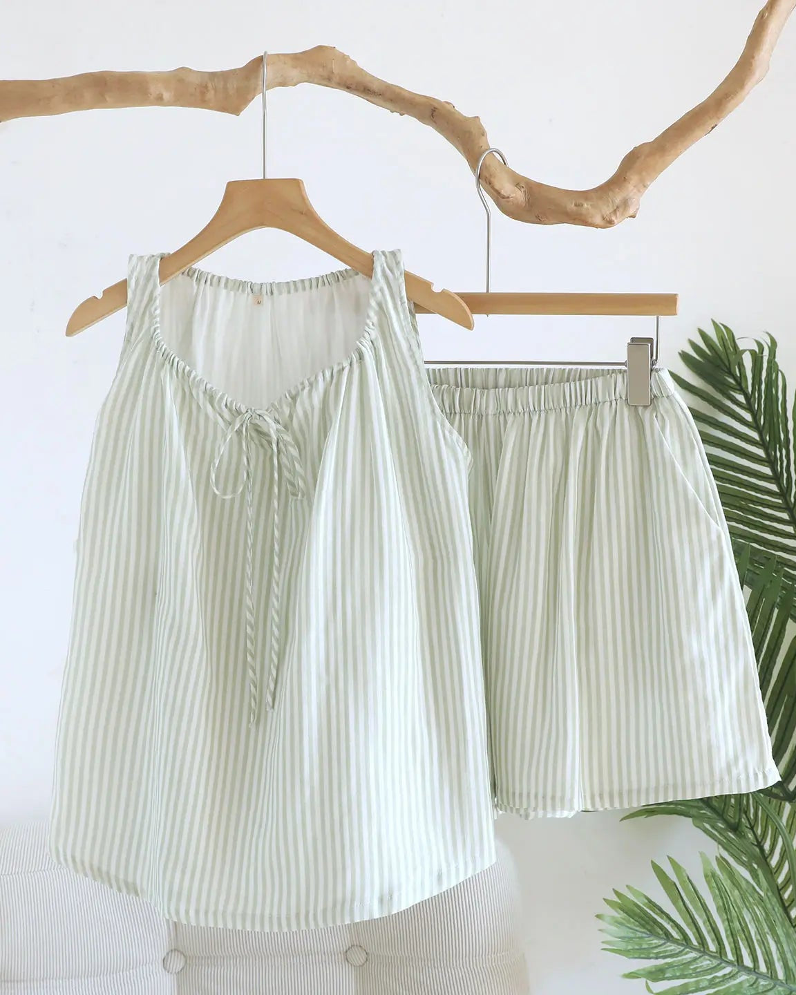 Cotton Gauze Striped Bow Tank Pajama Set