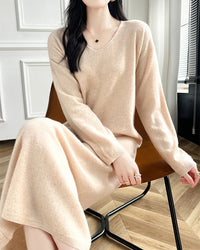 Wool V-Neck Long Sweater Dress