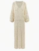 See-through V Neck Lantern Sleeve Side Split Beach Maxi Dresses