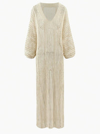 See-through V Neck Lantern Sleeve Side Split Beach Maxi Dresses