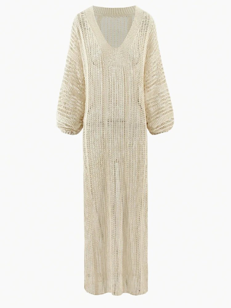 See-through V Neck Lantern Sleeve Side Split Beach Maxi Dresses