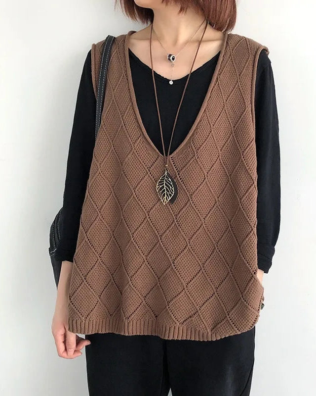 Oversized V-Neck Hollow Knit Vest