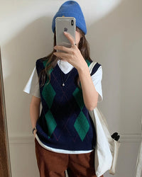 Plaid Wool V Neck Sweater Vest