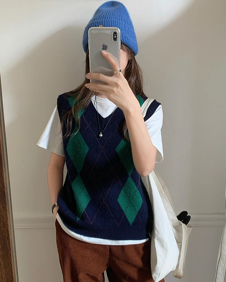 Plaid Wool V Neck Sweater Vest