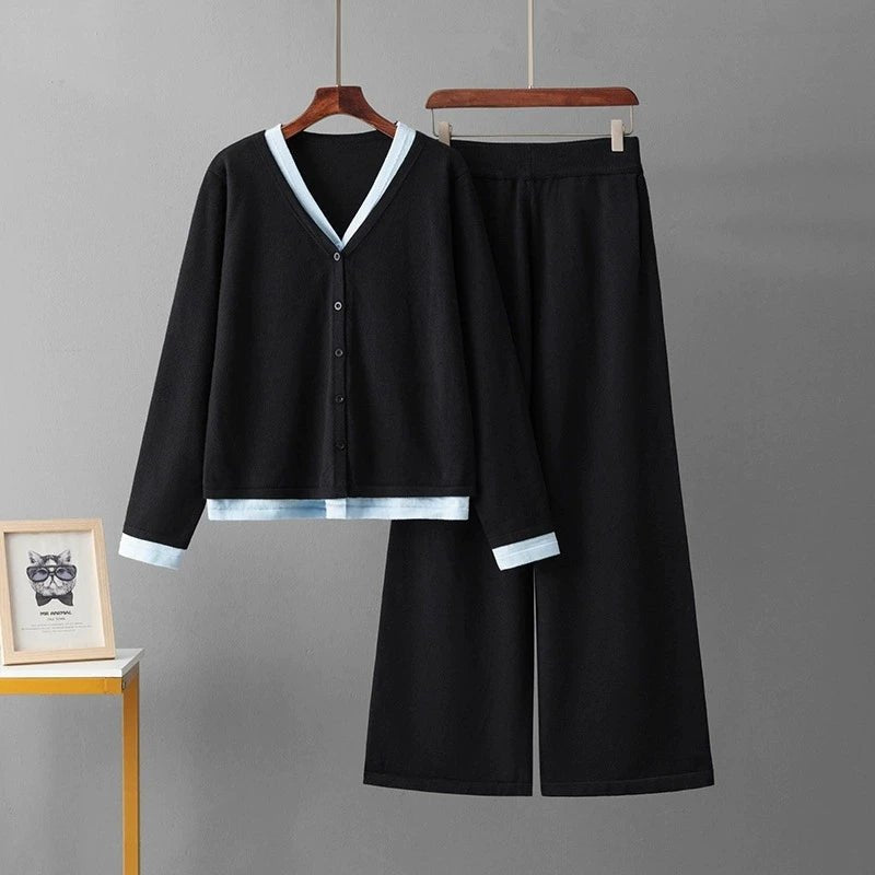 Long Sleeve V Neck Sweater+Wide Legs Pants