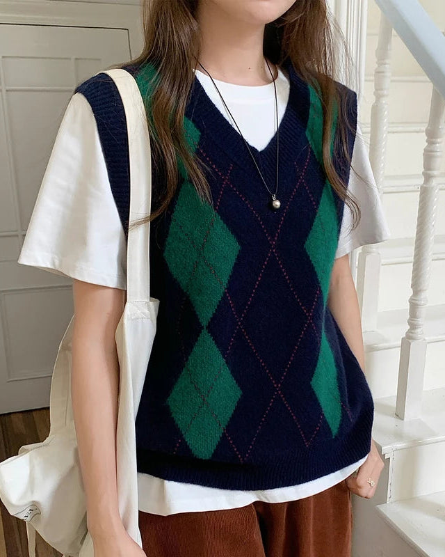 Plaid Wool V Neck Sweater Vest