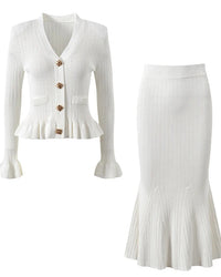 V-Neck Flare Sleeve Knit Cardigan & Mermaid Maxi Skirt Set