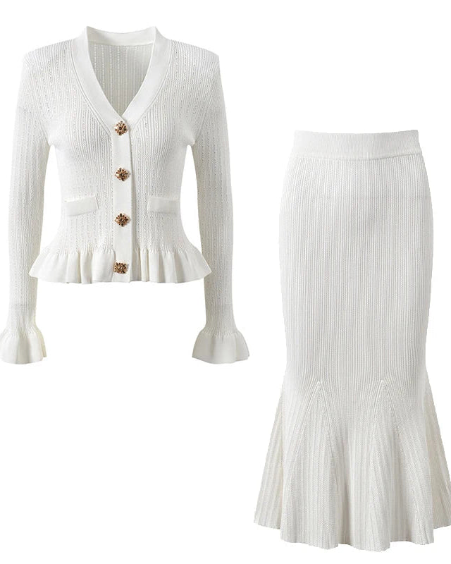 V-Neck Flare Sleeve Knit Cardigan & Mermaid Maxi Skirt Set