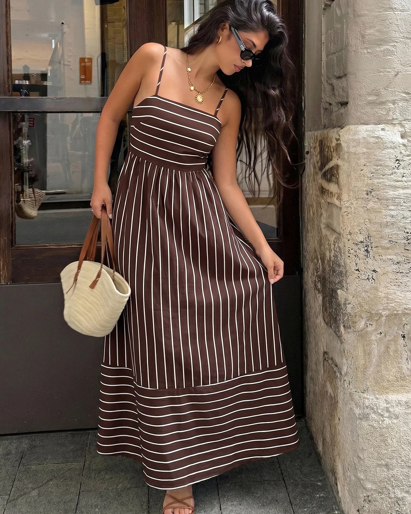 Striped Strapless Backless Loose A-Line Beach Maxi Dress