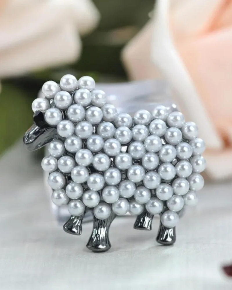 Faux Pearl Lamb Animal Brooch