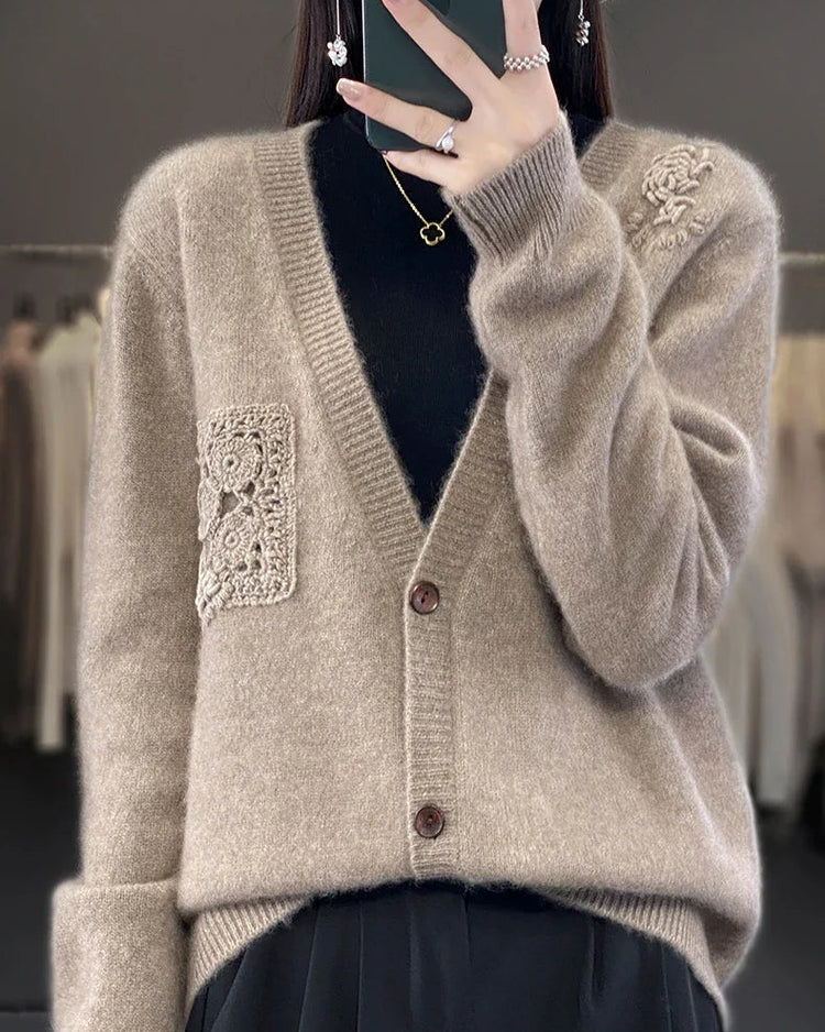Crochet Merino Wool V-neck Cardigan