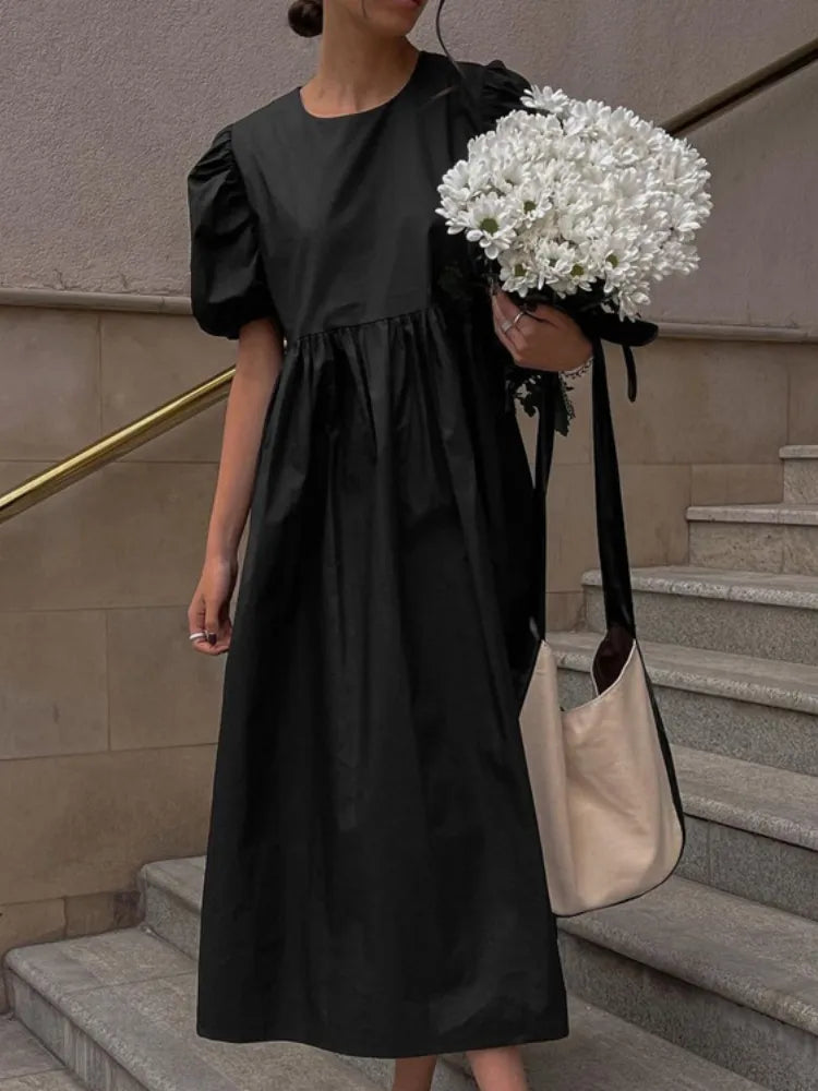 Round-neck Short Sleeve Elegant Black Dress