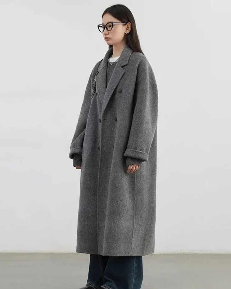 Double-Breasted Wool Blend Long Coat